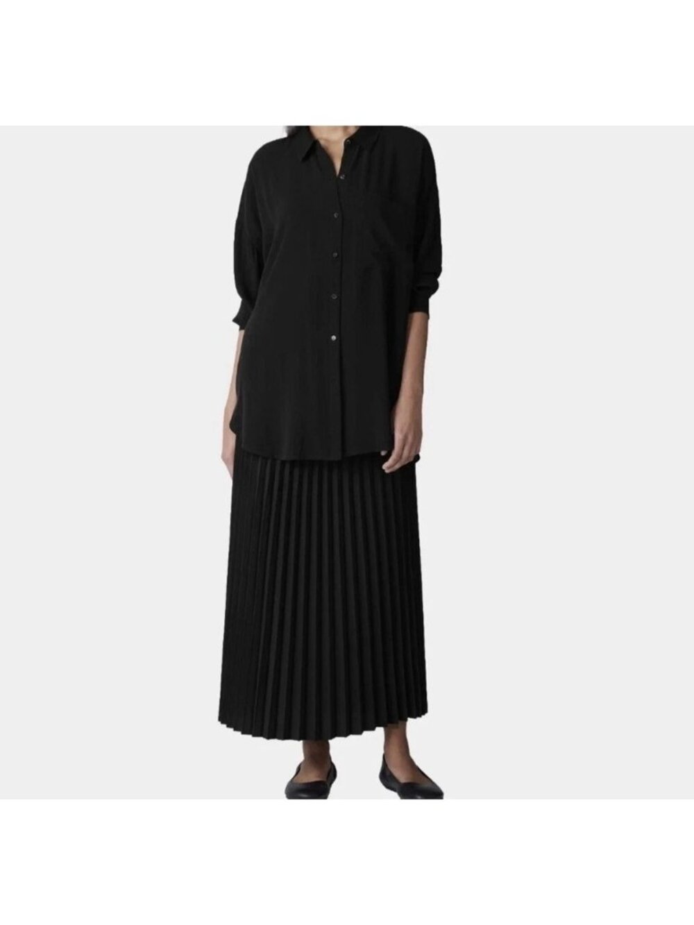 Eileen Fisher Size S Small Silk Wool Pleated Pull On Midi Skirt Black NEW $328